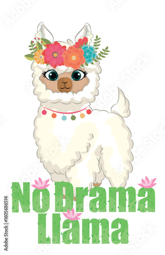 cute cartoon llama with an inscription no drama llama on a white background and cactus flowers