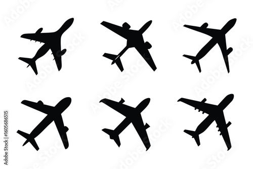 Aviation Silhouette: A collection of six sleek airplane silhouettes against a clean backdrop, perfect for aviation, travel, and transportation design projects.