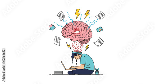Overwhelmed person working on laptop experiencing mental block and brain overload