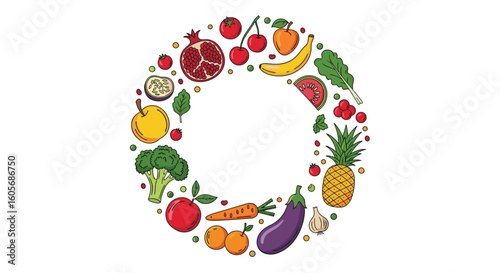 A wholesome arrangement of fresh fruits vegetables and healthy foods forming a circular border