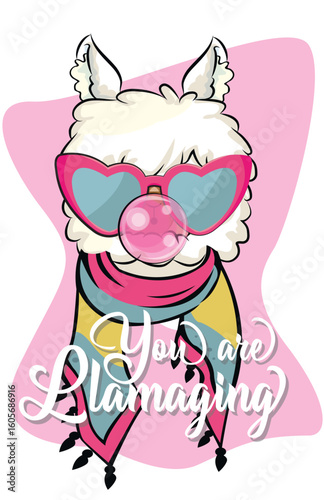 Cute white llama head in Sunglasses with bubblegum . Isolated on white background. Cartoon style