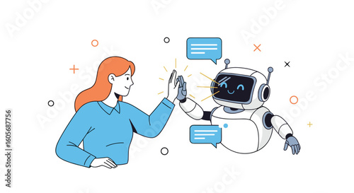 Artificial intelligence chatbot interaction between human and bot high five gesture future technology innovation digital assistant communication