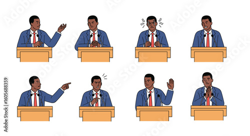 A collection of diverse speaker poses on a podium showcasing varied expressions and gestures during a presentation