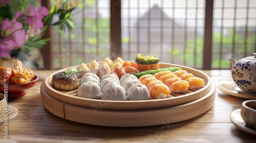 A variety of steamed asian dishes on a bamboo steamer.