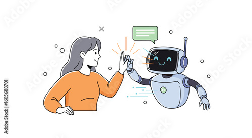A friendly robot and person high five celebrating digital collaboration and innovation