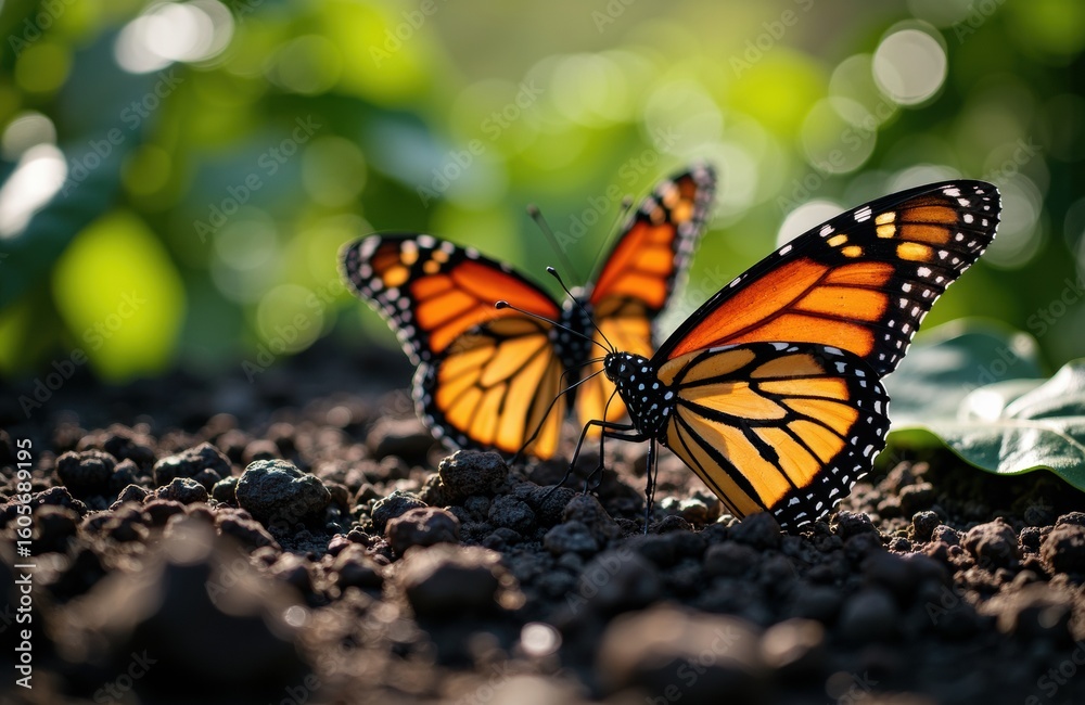 Fototapeta premium Two monarch butterflies rest on soil in a lush green garden with bright, natural sunlight illuminating their vibrant orange and black wings