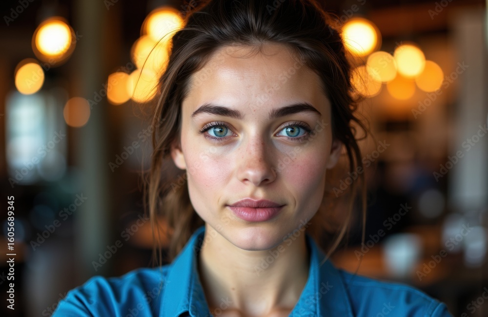 Fototapeta premium Woman with blue eyes and dark hair looks directly at camera in warm indoor setting