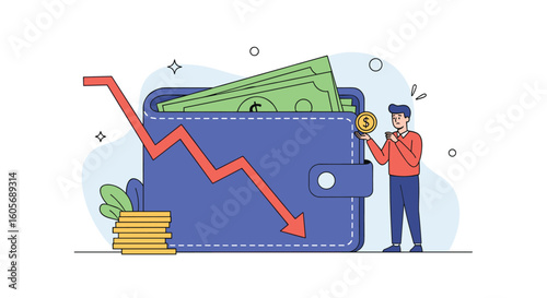 Financial decline witnessed through falling arrow and depleted wallet illustrating economic recession