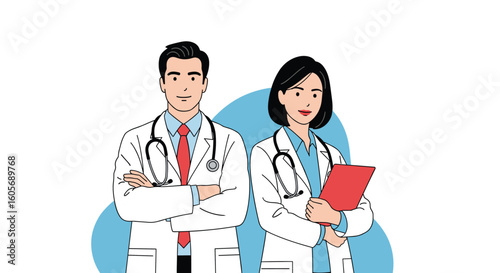 Two physicians in white coats with stethoscopes and medical charts