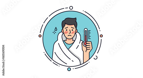 Person wrapped in blanket holding thermometer feeling unwell with fever