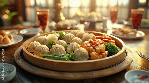 Assorted dumplings and other Asian dishes on a wooden platter.