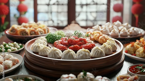 Assorted dumplings and other Asian dishes displayed on tiered trays.