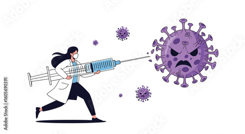 Healthcare professional fighting the coronavirus with a giant syringe illustration