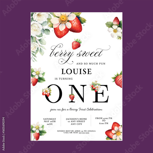 Strawberry 1st Birthday Party Berry First Invitation