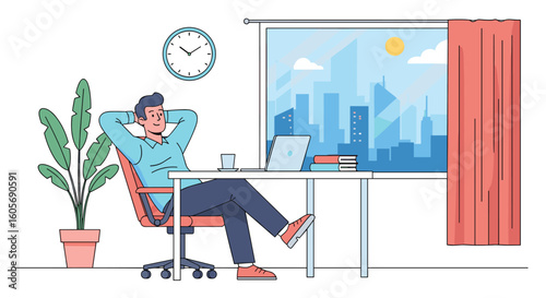 Man relaxing at desk with laptop and city view during the day