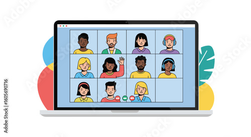 Virtual meeting with diverse group of people communicating online remotely