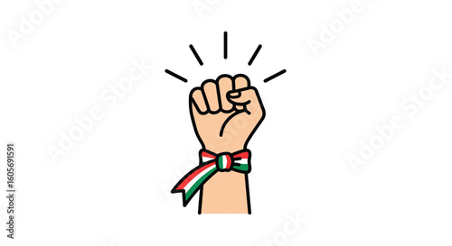 A fist raised with a ribbon representing hungarian colors symbolizing national pride and revolution
