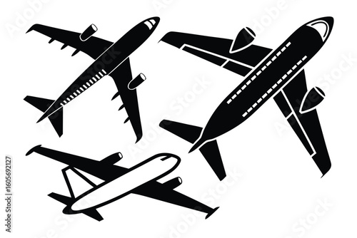 Air Travel silhouettes: A captivating array of sleek jet airplane silhouettes gracefully traverse the open sky, symbolizing the freedom and wonder of air travel and international connectivity.