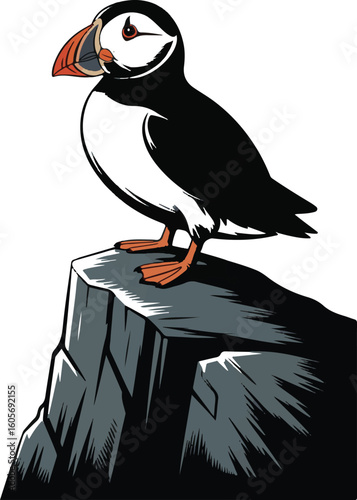 Adorable cartoon illustration of a puffing bird perched on a rocky cliff face