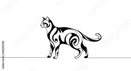 Stylish black and white cat silhouette with swirling patterns  