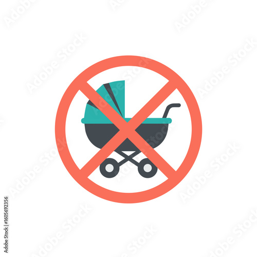 No strollers symbol with crossed-out baby carriage in graphic design  
