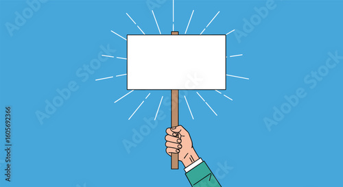 Protester holds blank sign with radiating lines against blue background symbolizing protest or demonstration