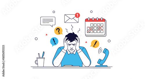 Overwhelmed professional managing multiple urgent tasks and communication channels feeling stressed