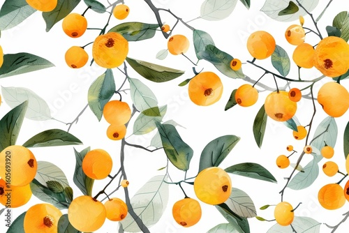 Watercolor loquat fruit pattern with vibrant green leaves and artistic branches creating fresh botanical design for organic nature themed projects and summer backgrounds