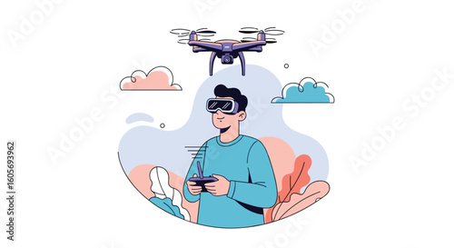 Person operating a drone wearing virtual reality goggles experiencing advanced aerial technology