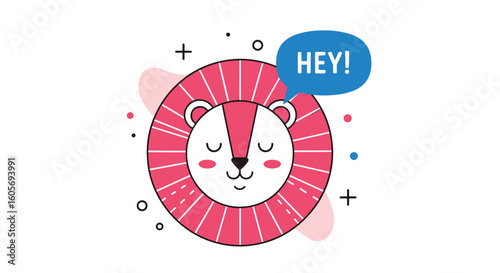 Adorable cartoon lion cub with a friendly hello message