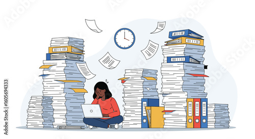 Overwhelmed office worker drowning in piles of paperwork under pressure
