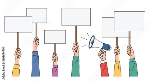 People holding blank signs and a megaphone during a protest or demonstration event