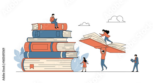 Illustrating the joy of reading and knowledge acquisition through stacked books and tiny people engaged in learning activities