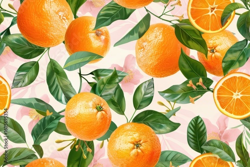 Vibrant tropical seamless pattern featuring fresh oranges citrus fruits and green botanical leaves creating refreshing background design for summer products and packaging