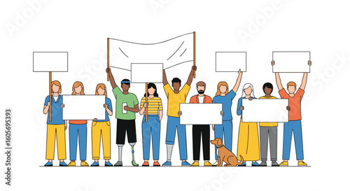 A diverse group of people holding blank signs and banners engaging in a peaceful demonstration advocating for change and unity amongst society