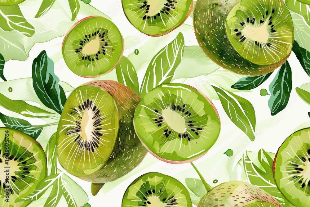 Fototapeta premium Vibrant watercolor kiwi fruit slices and lush green tropical leaves create fresh healthy seamless pattern background design perfect for summer and nutrition themes