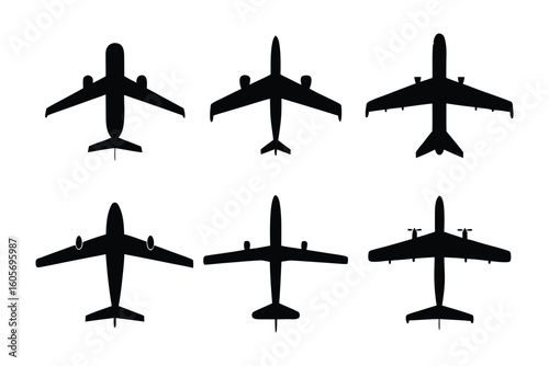 Air travel silhouettes: a stunning collection of six airplane silhouettes, representing diverse aircraft types, ideal for travel or aviation projects, showcasing sleek designs.