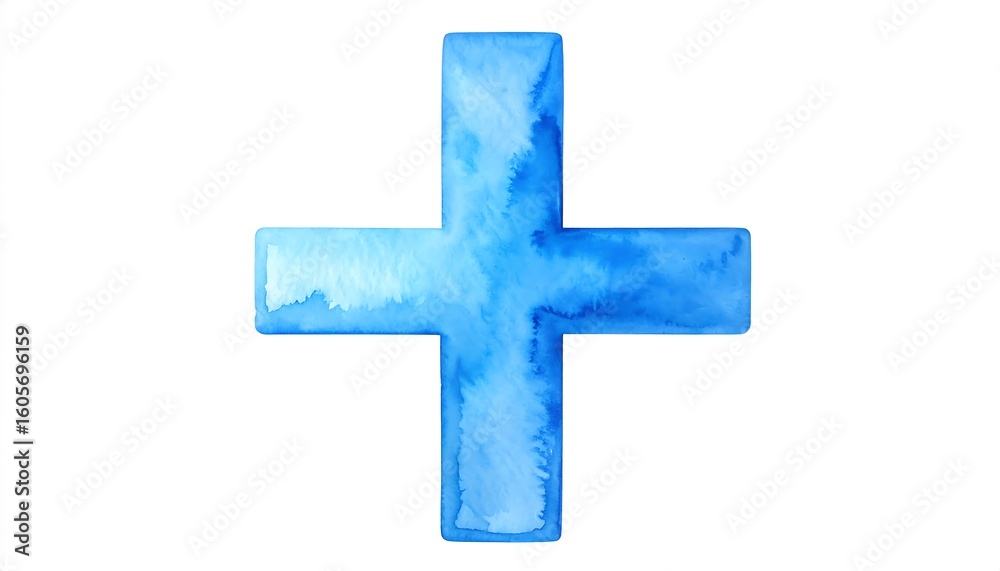 Fototapeta premium Blue Watercolor Plus Sign Symbol on White Background: Artistic and Medical Illustration