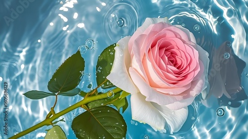 Pink - white rose floating on water. Ideal for wedding designs, beauty product ads, or romantic wallpapers.