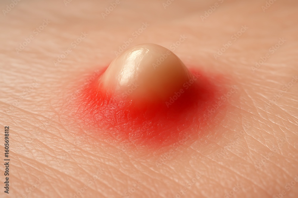 Fototapeta premium an inflamed pimple with a white head on the skin, red surrounding area, indicating a skin condition, acne inflammation, acne skin problem Background