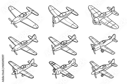 Aviation Fleet Illustration: A collection of detailed, top-down views of various classic airplanes, rendered in a crisp, line-art style, ideal for a range of design purposes.