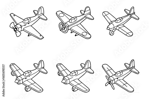 Vintage Airplane Drawings: Six meticulously crafted line drawings showcase a range of vintage airplanes, highlighting the intricate details of aviation design.