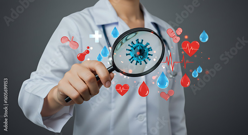A medical professional examining a virus through a magnifying glass, symbolizing healthcare and scientific research