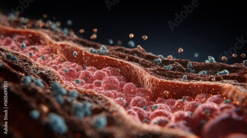 Crosssection microscopy view emphasizing reduced insulin secretion as beta cells undergo stress and damage in chronic hyperglycemia environment.