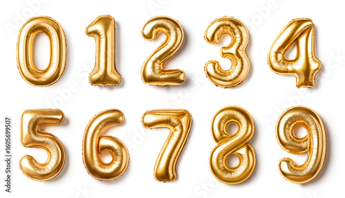 Set of gold foil number balloons from 0 to 9 arranged neatly on a white background
