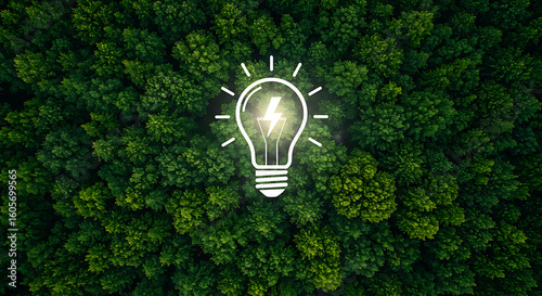 An overhead view of a lush green forest with a light bulb symbol, representing the concept of clean energy and environmental sustainability