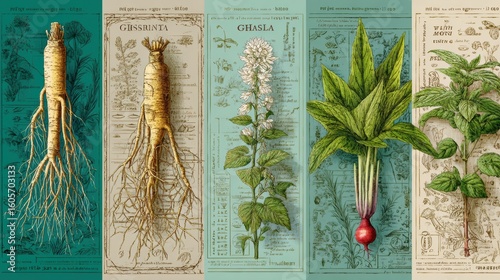Herbal roots discovery botanical garden illustration natural setting close-up plant identification