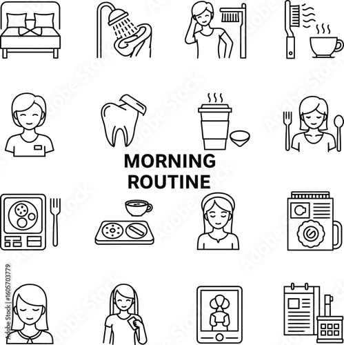 Morning Routine Line Icons Set - Daily Habits & Self-Care