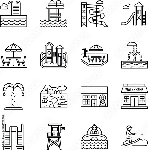 Water Park Line Icons Set - Summer Fun & Aquatic Activities