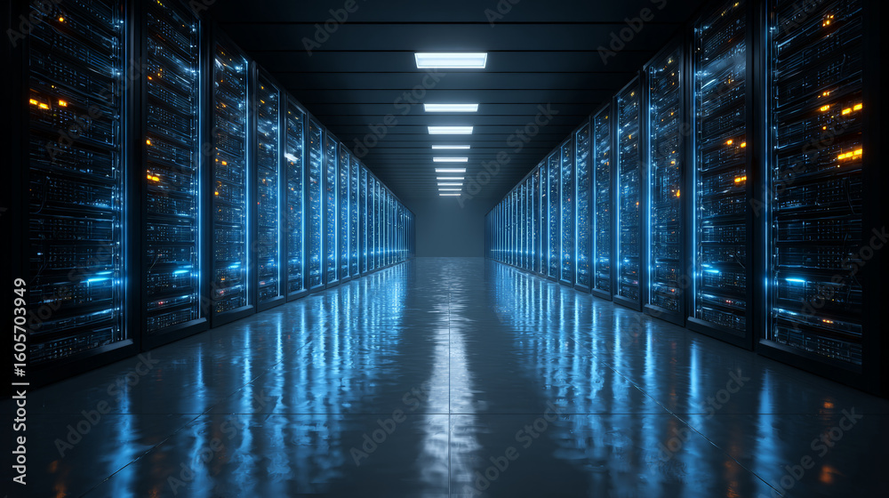 Fototapeta premium A futuristic server corridor with glowing blue lights reflecting on the metallic floor.